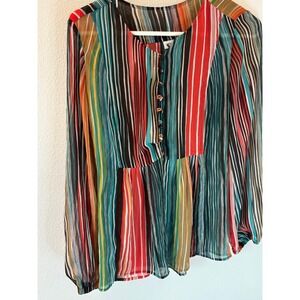 Sussan Multicolor whimsey Stripe Sheer Button Front Blouse Size 8 Boho Top